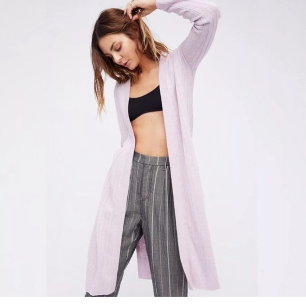 FREE PEOPLE Ribby Rib Lilac Linen Blend Longline Cardigan